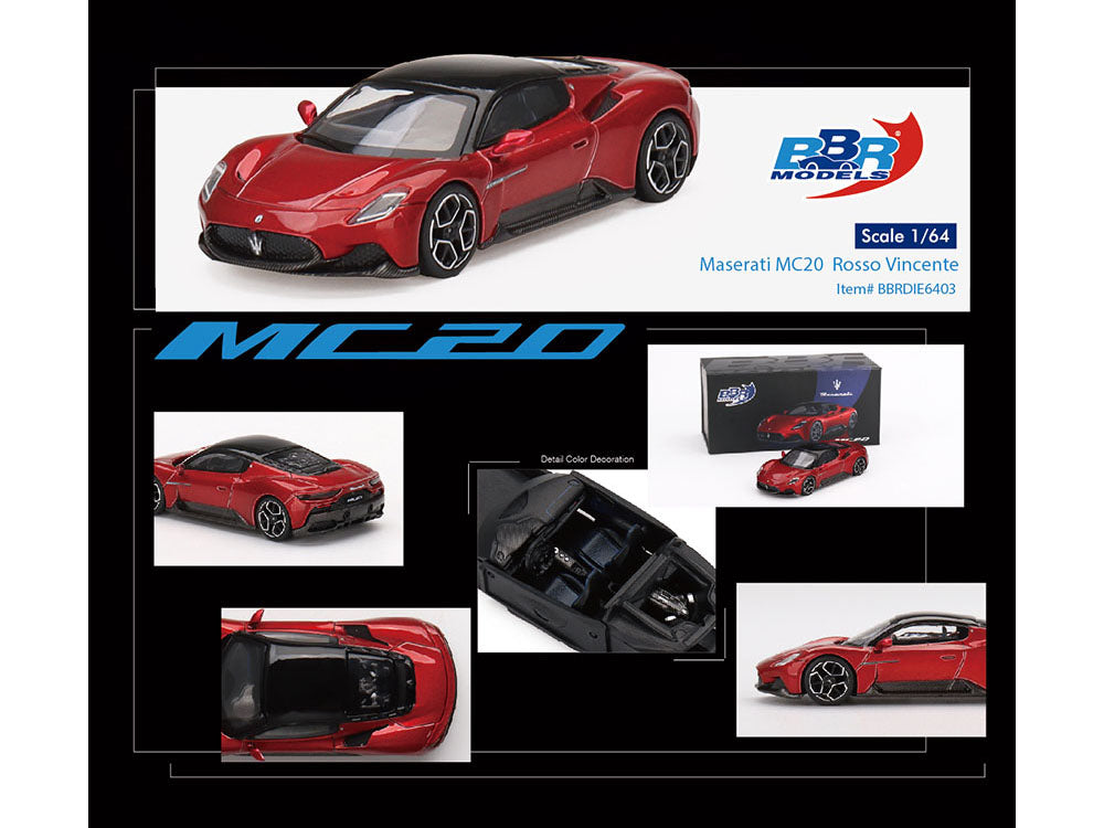 Maserati MC20 Rosso Vincente Red w Black Top 1/64 Diecast Car BBR