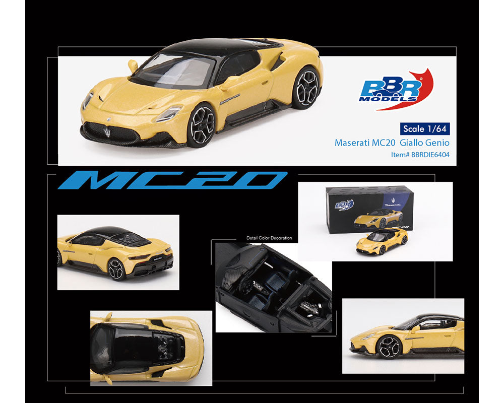 Maserati MC20 Giallo Genio Yellow w Black Top 1/64 Diecast Model Car by BBR