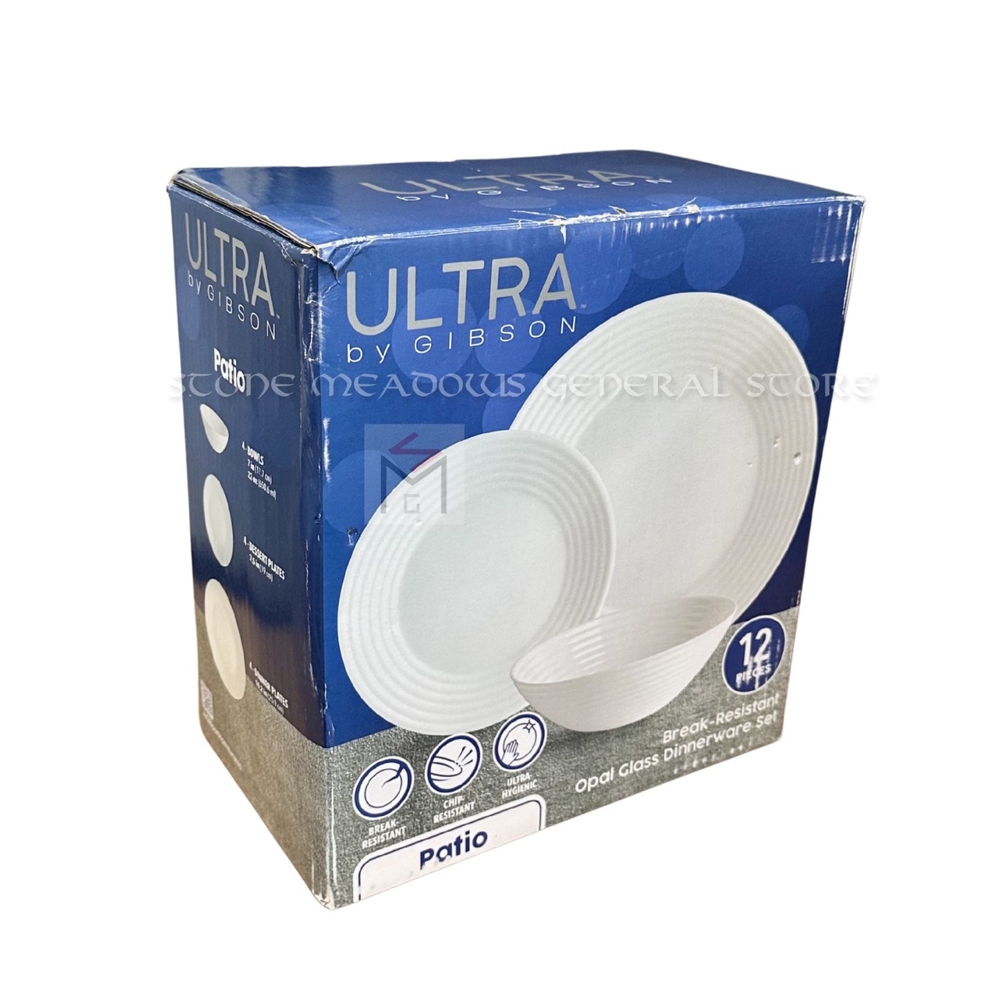 Gibson Ultra Patio 12 Piece Tempered Opal Glass Dinnerware Set in White