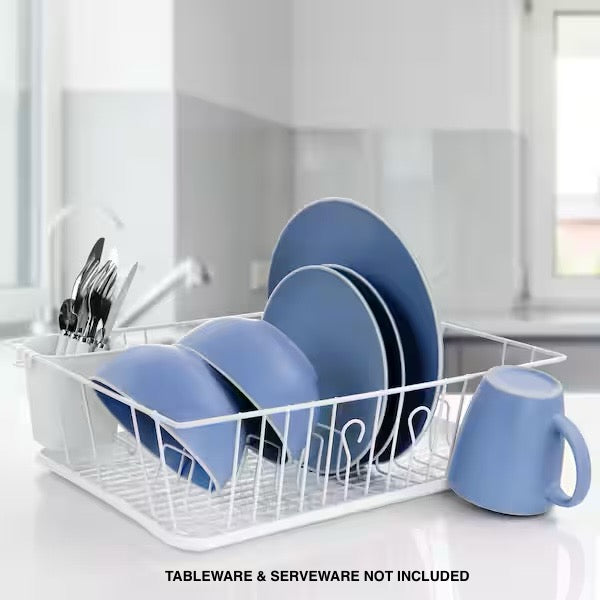 MegaChef 17.5" White Single Level Dish Rack w 14 Plate Positioners & Detachable