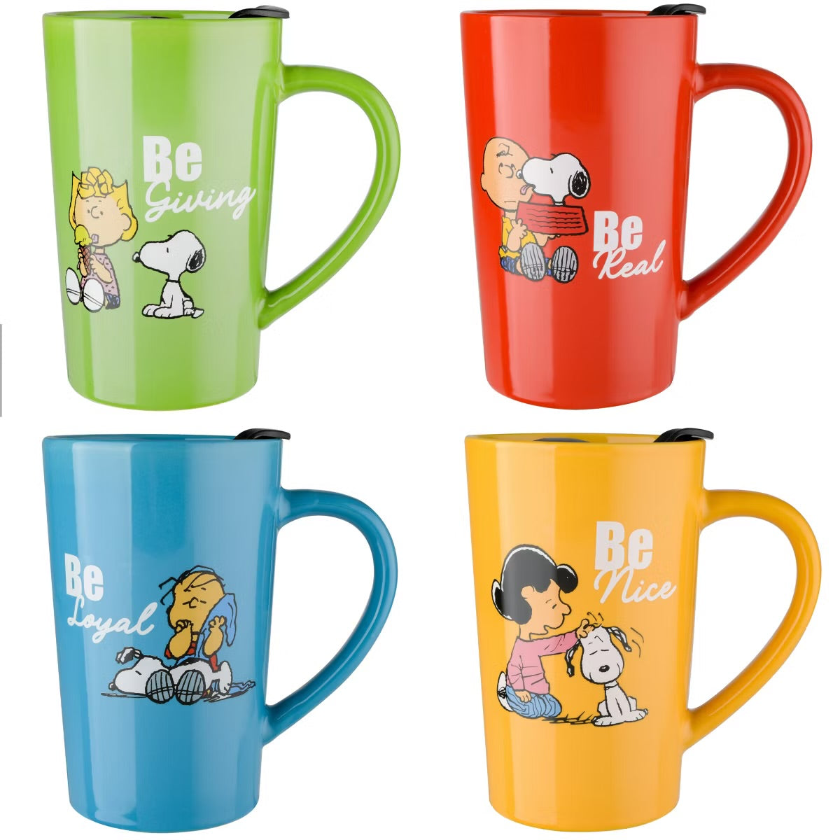 Peanuts Gentle Reminders Stoneware 4 Piece 18 oz Travel Cups in Assorted Designs