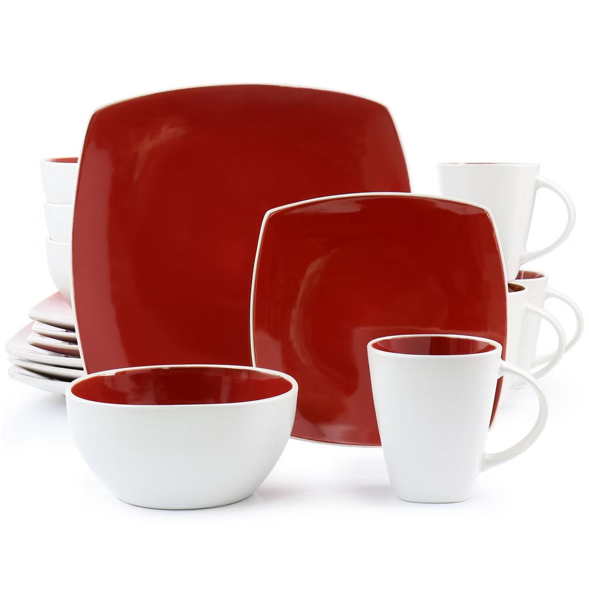 Gibson Elite Soho Lounge Red 16 Pc Square Stoneware Dinnerware Set for 4