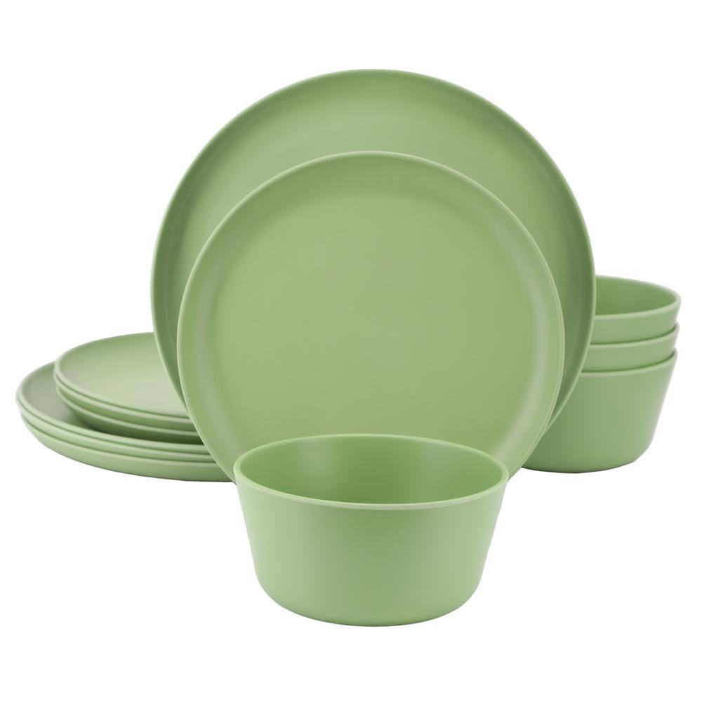 Gibson Fairhope 12 Piece Matte Green Melamine Round Dinnerware Set