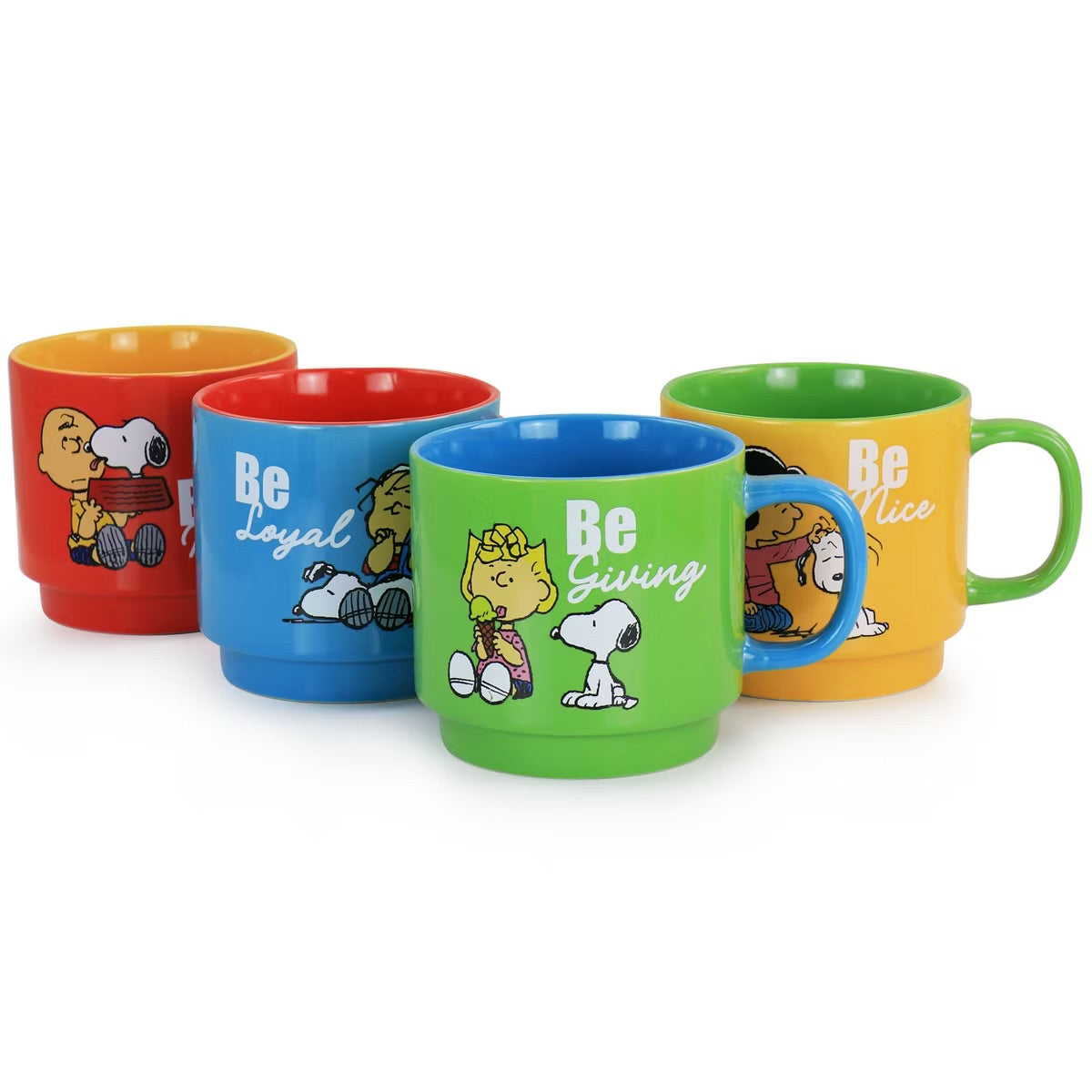 Gibson Peanuts Gentle Reminders 4 Piece Stoneware Mug Set w Stand