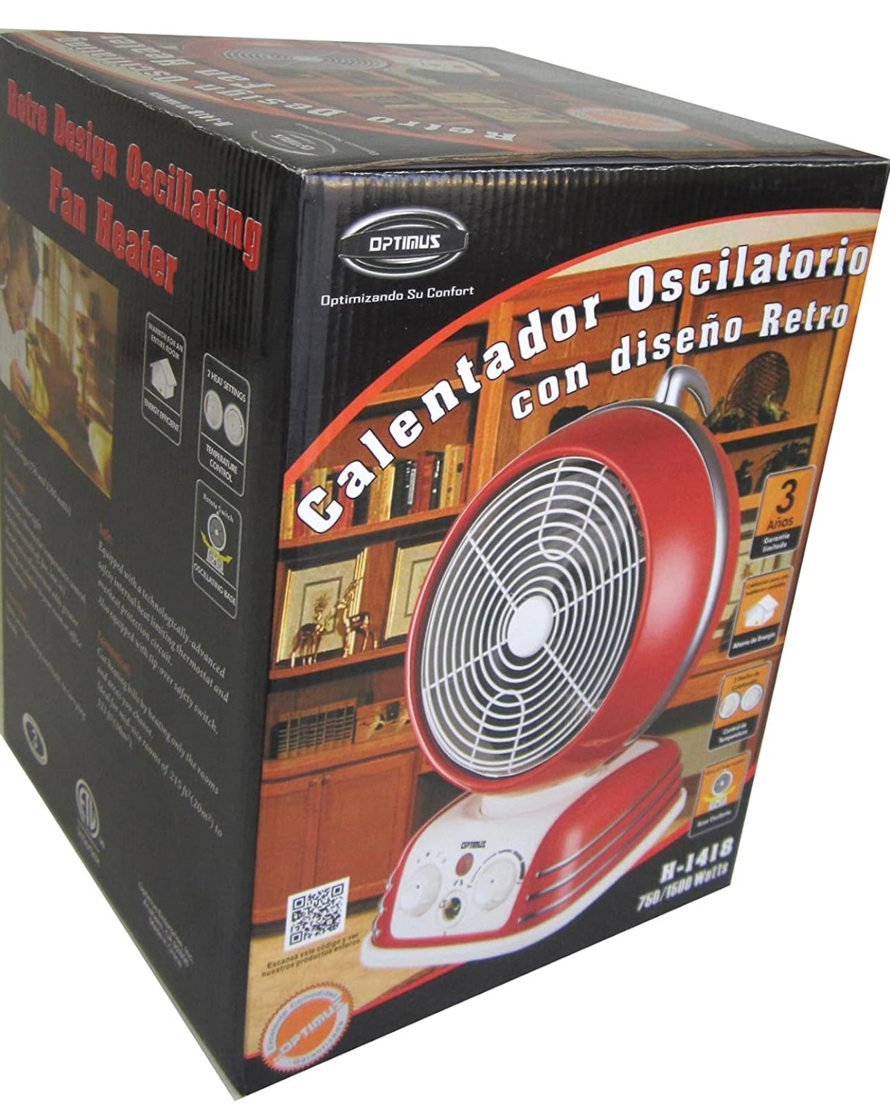 Optimus 1500W Red Retro Oscillating Fan Heater w Thermostat Auto-off