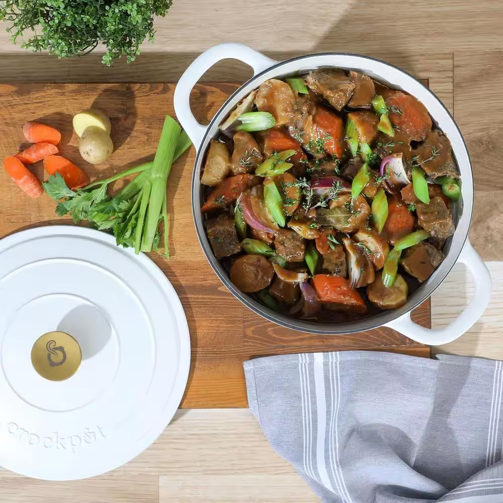 Crockpot Artisan 7 Qt Round Enameled White Linen Cast Iron Dutch Oven