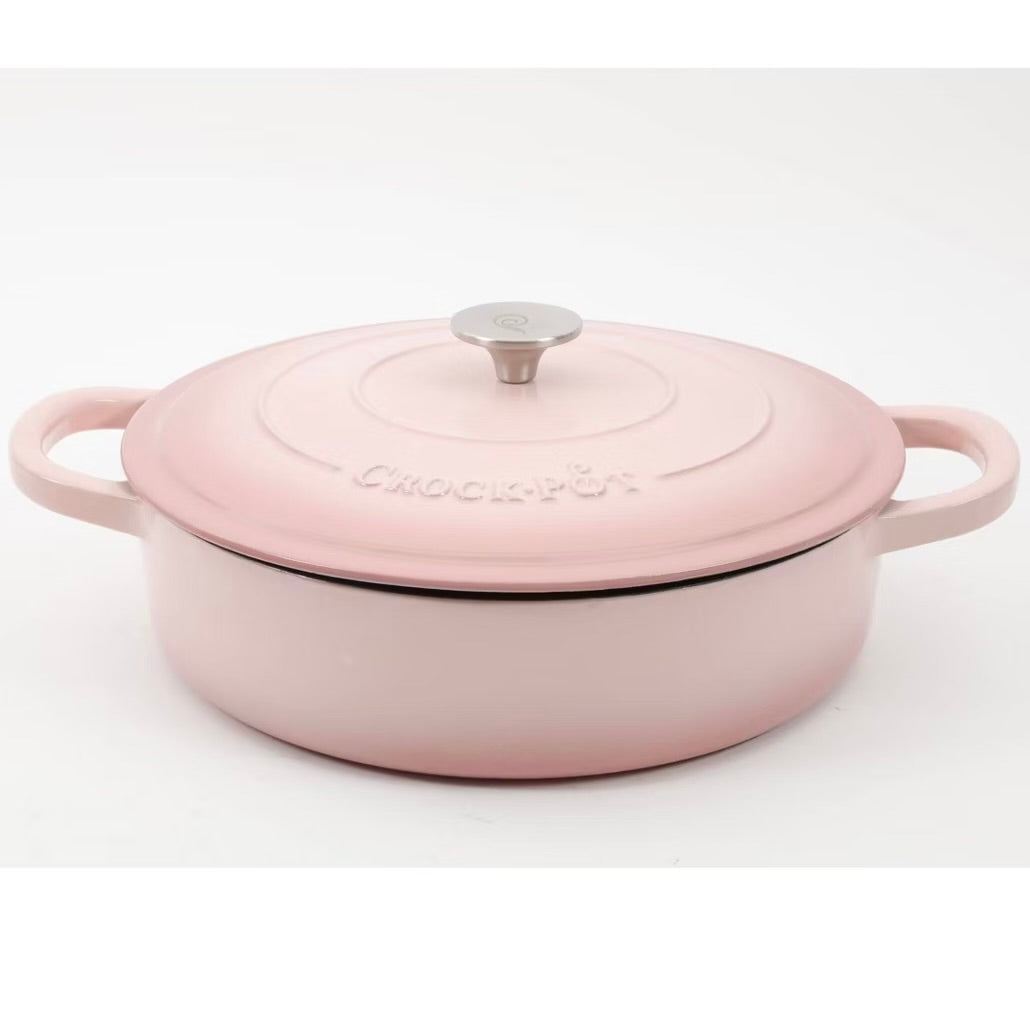 Crock Pot 5 Quart Round Pink Enameled Cast Iron Braiser Pan w Self Basting Lid