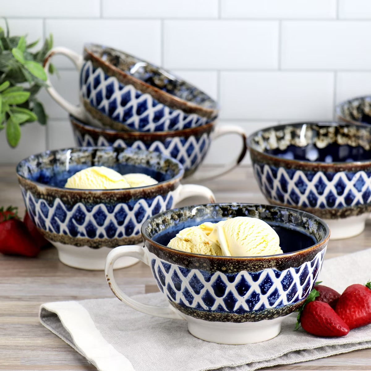 Meritage Otis 6 Piece Gray 27 oz Stoneware Soup Bowl w Handle Set