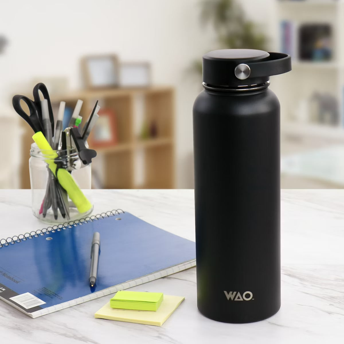 WAO 38 oz Matte Black 1.1 Liter Vacuum Insulated Thermal Bottle w Lid