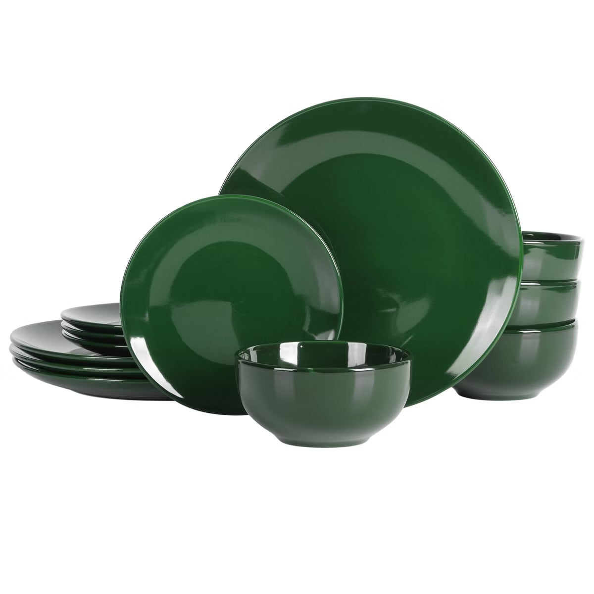 Simply Essential Coupe 12 Piece Round Stoneware Dinnerware Set Hunter Green