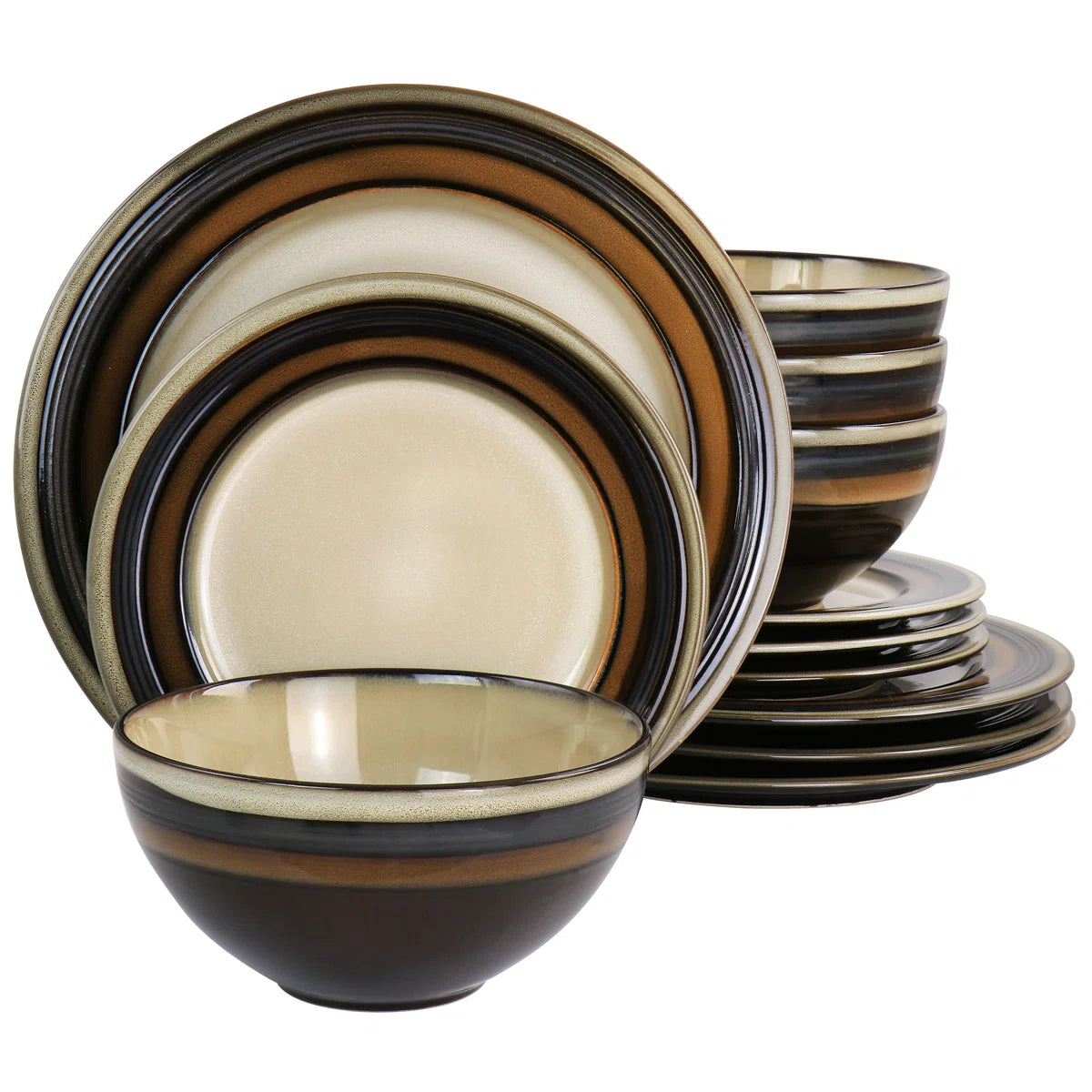 Gibson Everston 12 Piece Round Brown Stoneware Dinnerware Dish Set