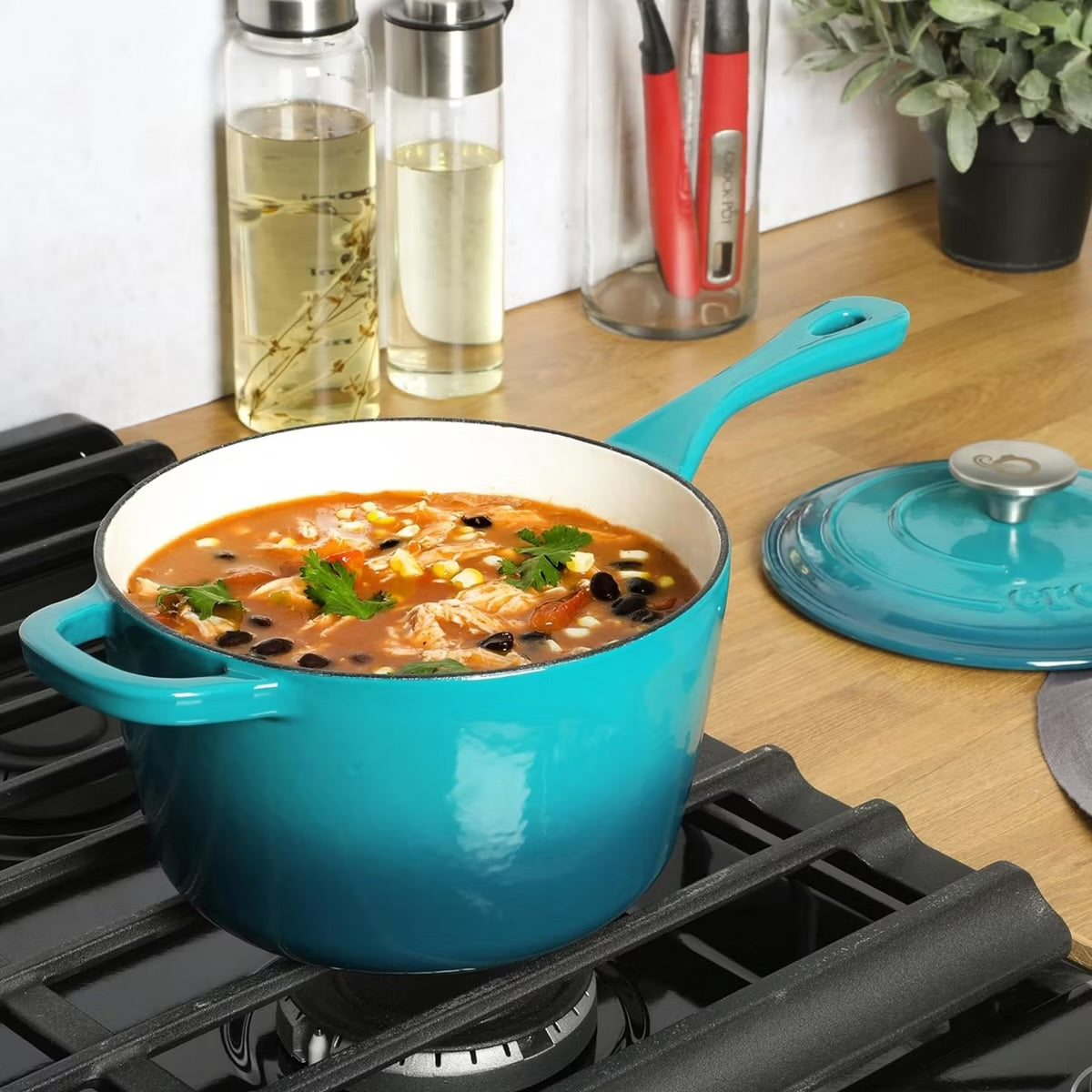 Crock-Pot Artisan 3 Quart 500°F Enameled Cast Iron Saucepan w Lid Teal Silver