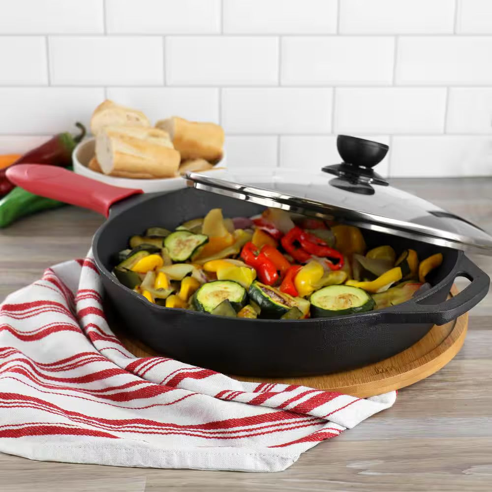 MegaChef 12" Pre-Seasoned Cast Iron Skillet w Tempered Glass Lid
