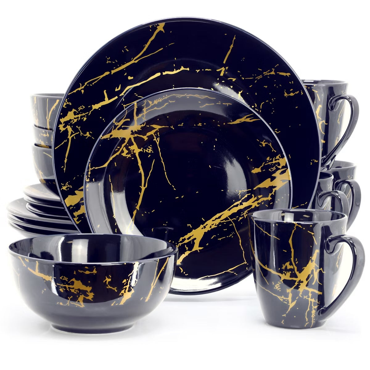 Elama Fine Marble 16 Piece Porcelain Dinnerware Set Dark Blue w Gold Veining