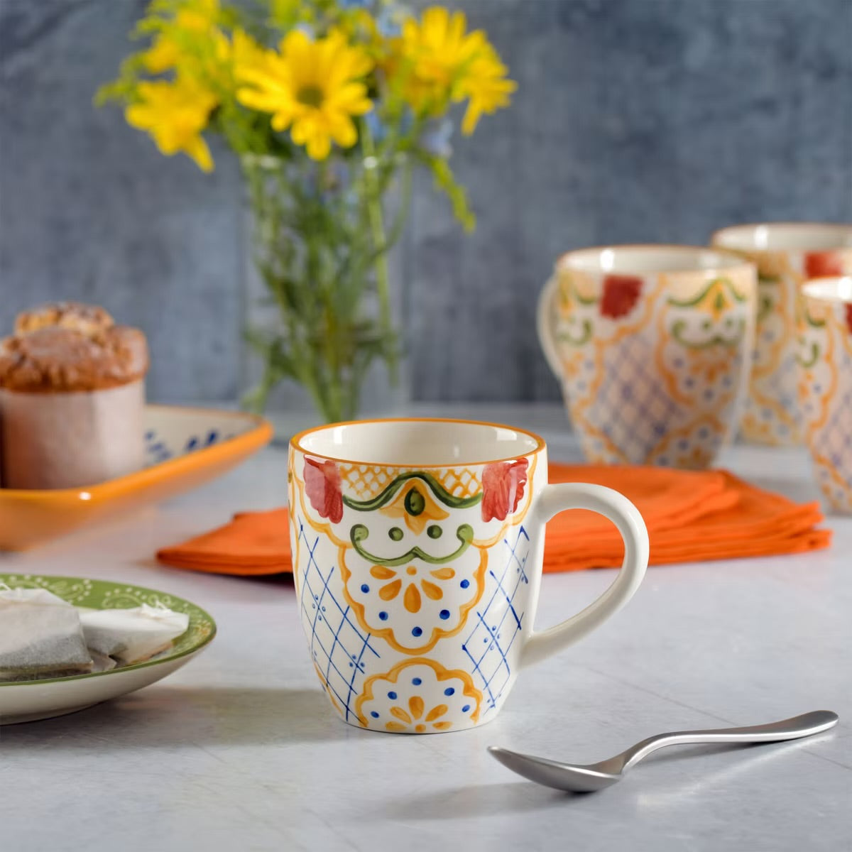 Laurie Gates Tierra Mosaic 4 Piece 17.4 oz Hand Painted Stoneware Mug Set