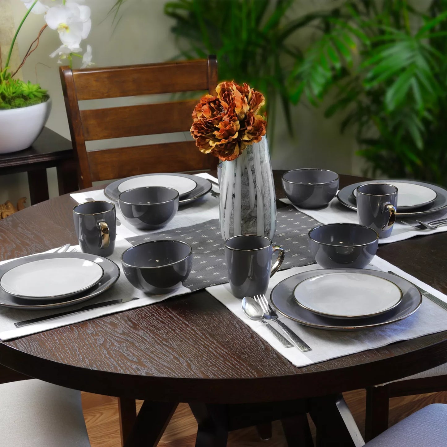 Elama Tahitian Grand 16 Piece Stoneware Dinnerware Set for 4 in Gray High Gloss