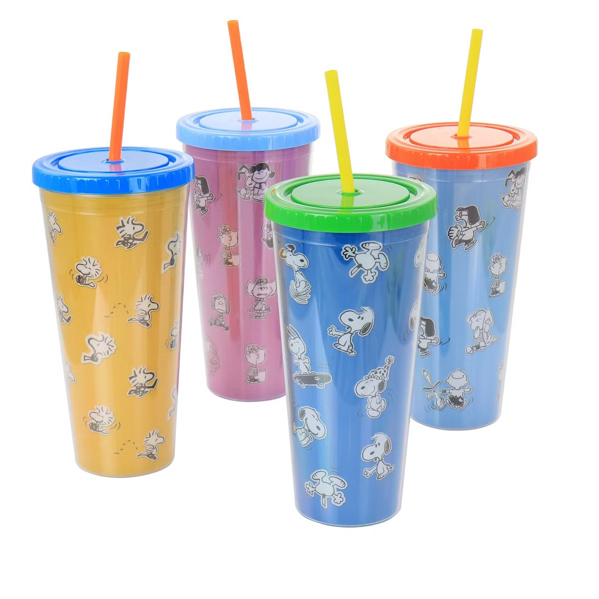 Gibson Peanuts 70th Anniversary 4 Piece 23.6 oz Tumbler Cup Set w Lid & Straw