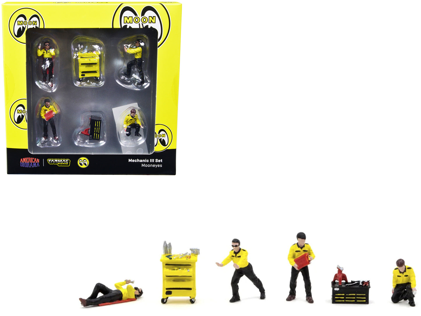 Mechanic III 6 Piece Diecast Figure Set 4 Figures 2 Accessories Mooneyes for 1/