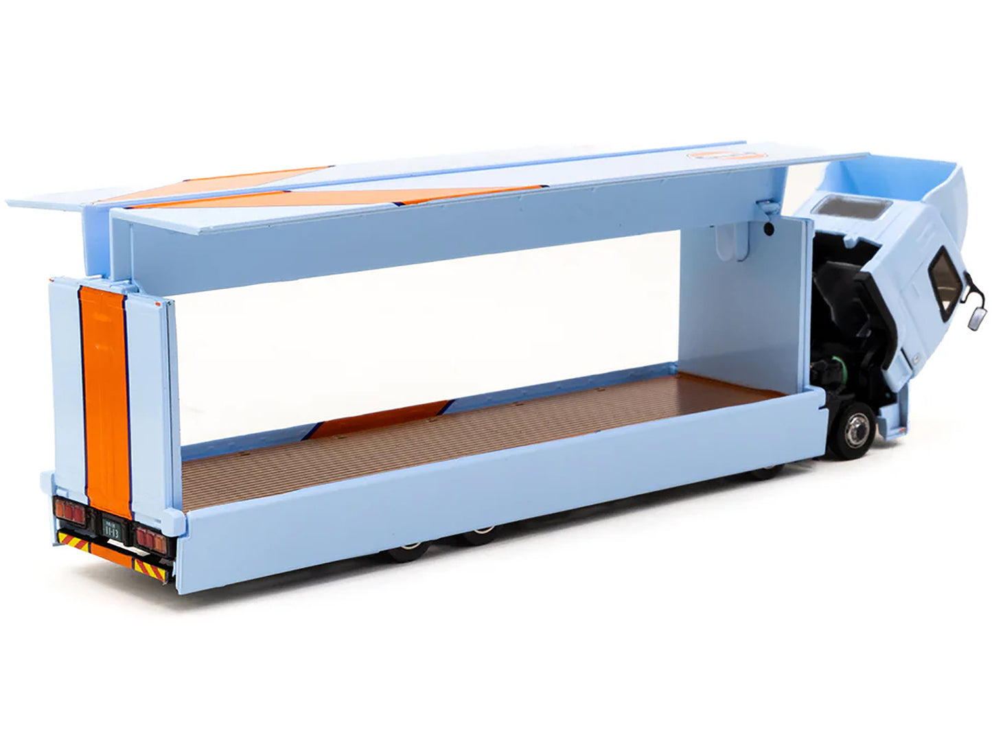 Mitsubishi Fuso Truck w Transporter Light Blue w Orange Stripes Gulf Oil Truck64