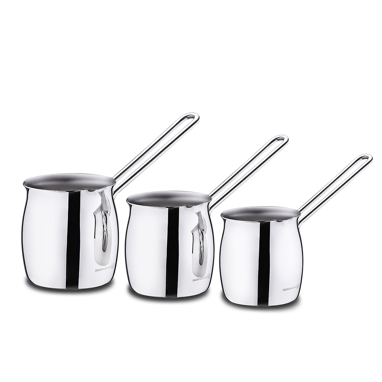 Korkmaz Tombik 3 pc Stainless Steel Turkish Coffee Pot Set in Silver