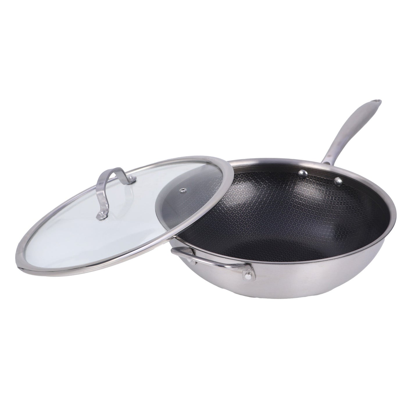 Brentwood 12-inch 4.2 Quarts Hybrid Non-Stick Stainless Steel Wok w Glass Lid