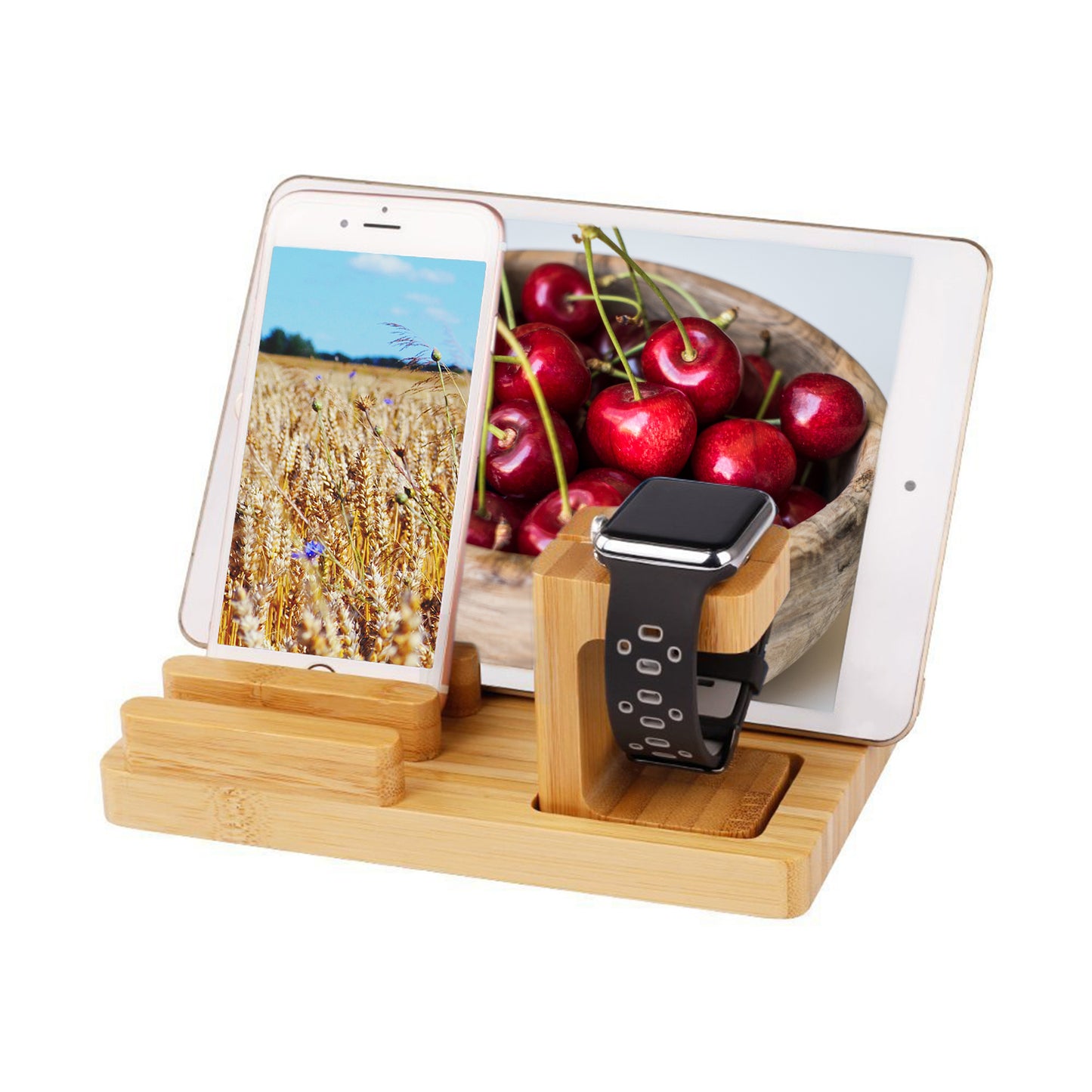 Trexonic Bamboo 4-Port Apple Watch & Iphone Charging Stand w 3 Device Slots & P