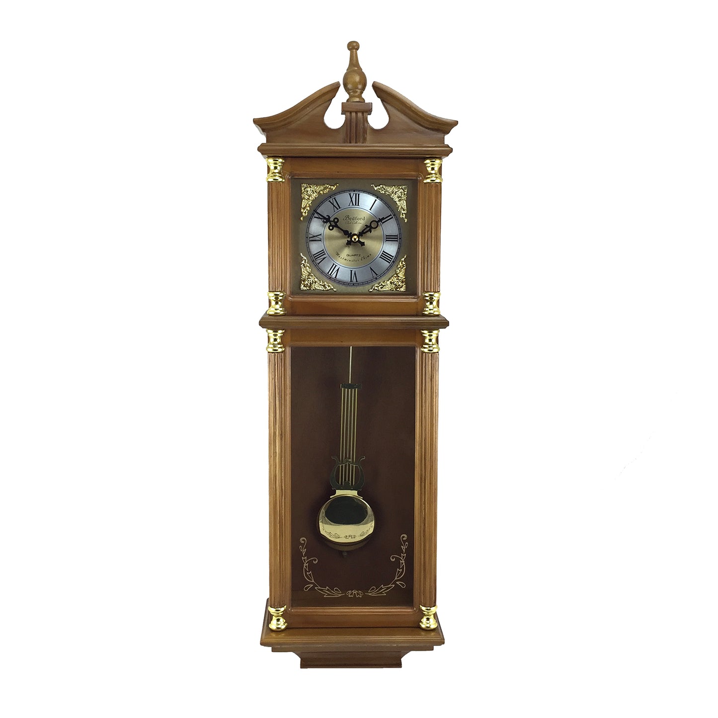 Bedford 34.5" Wall Clock Antique Harvest Oak Wood Finish w Pendulum & 4 Chimes