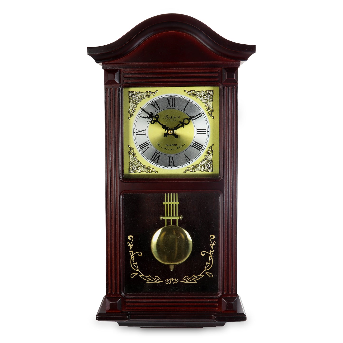 Bedford 22" Wall Clock Mahogany Cherry Oak Wood w Pendulum and Hourly Chimes