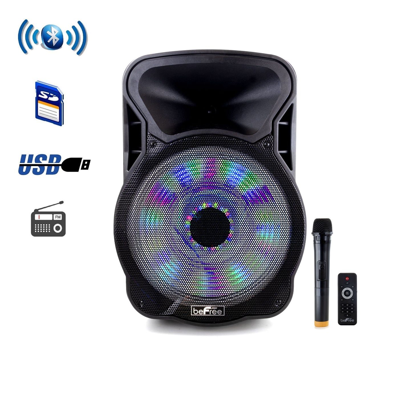 beFree 1500W Portable 15" Bluetooth PA DJ Party Speaker w Lights USB MIC Remote