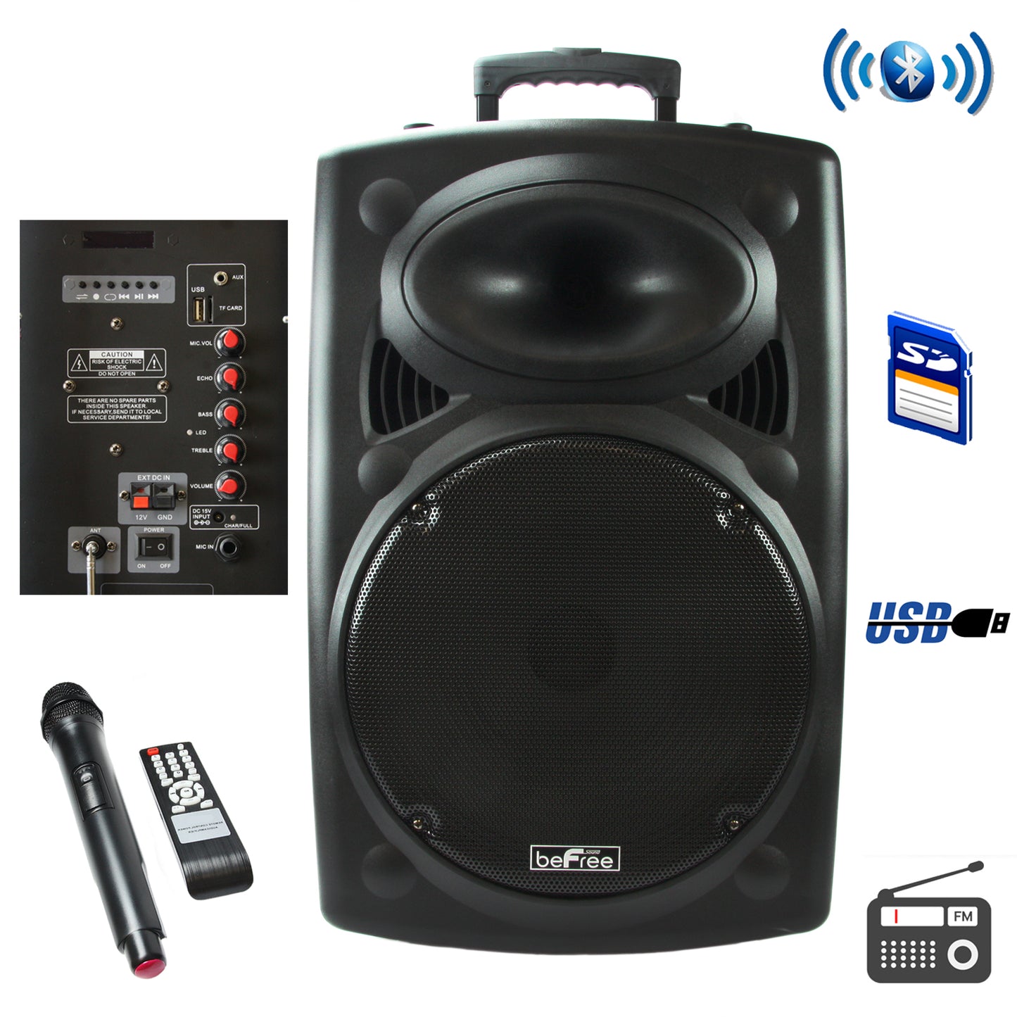 beFree 15" Bluetooth Powered Portable PA Speaker