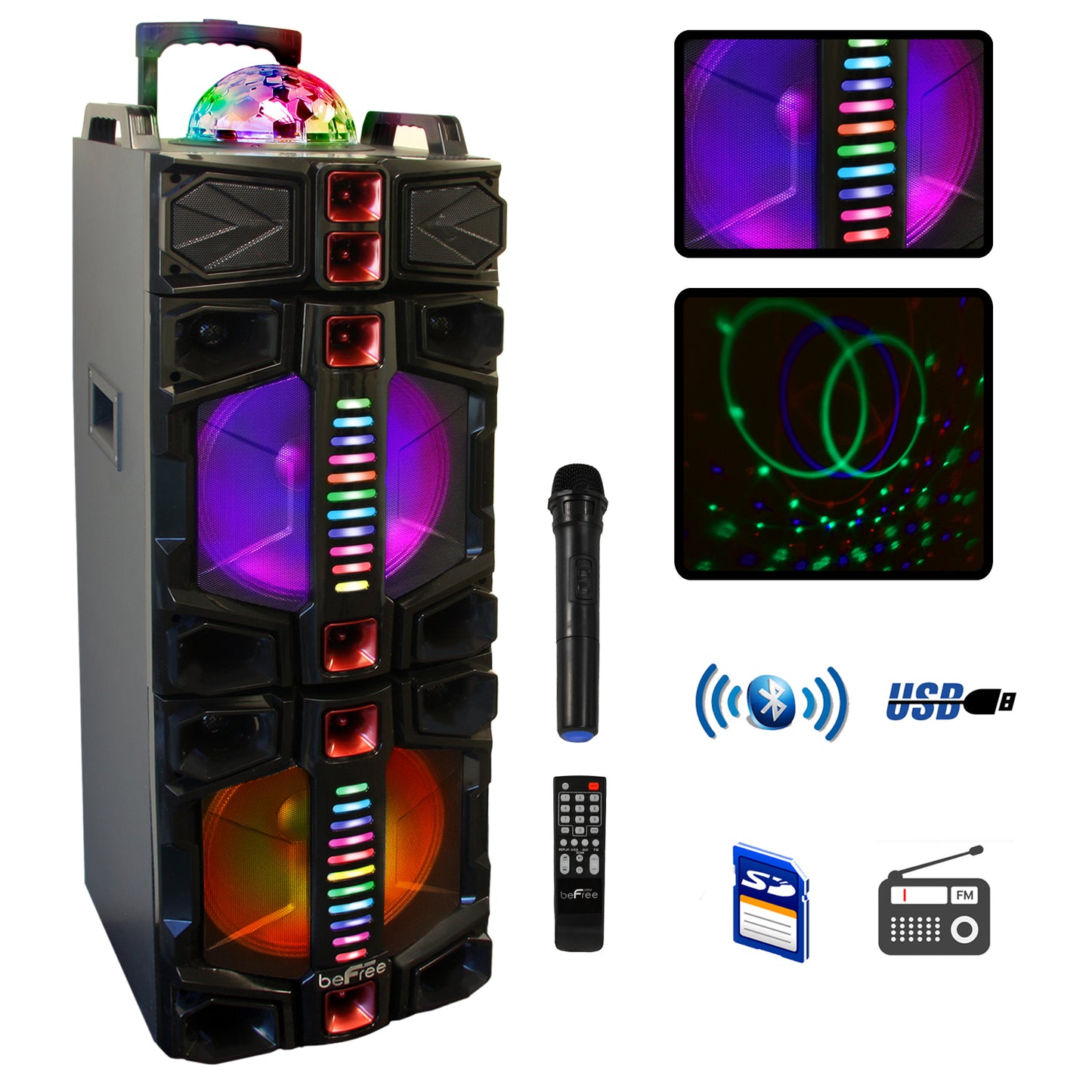 beFree Dual 12" Subwoofer Portable Bluetooth PA DJ Party Speaker w Lights Mic