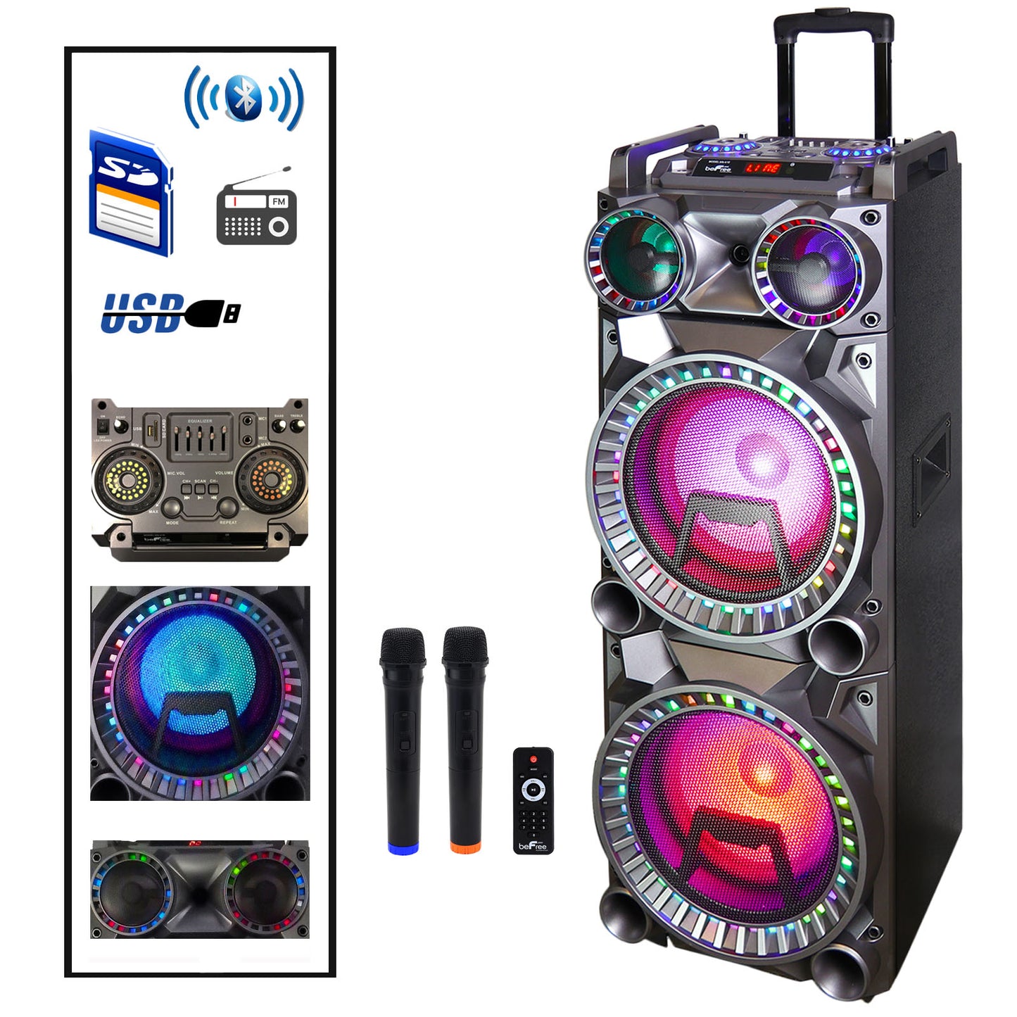 beFree 700W Dual 10" Subwoofer Bluetooth Portable Party Speaker w Sound Reactiv