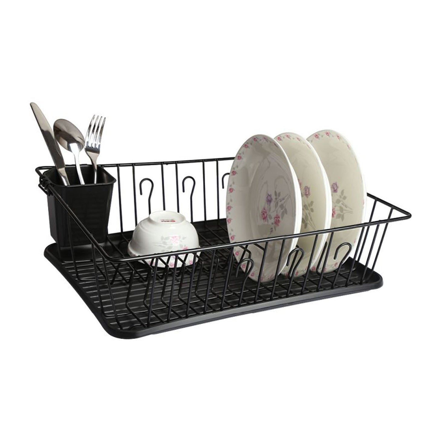 MegaChef 17.5" Black Dish Rack w 14 Plate Positioners & Detachable Utensil Hold