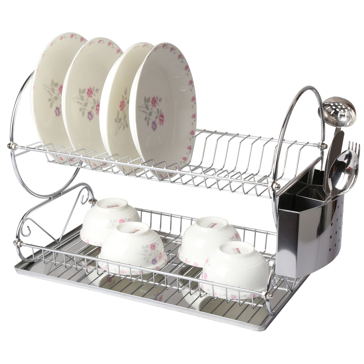 MegaChef 17.5" Chrome Plated SS Two Shelf Dish Drying Rack w Drain Tray & Holder