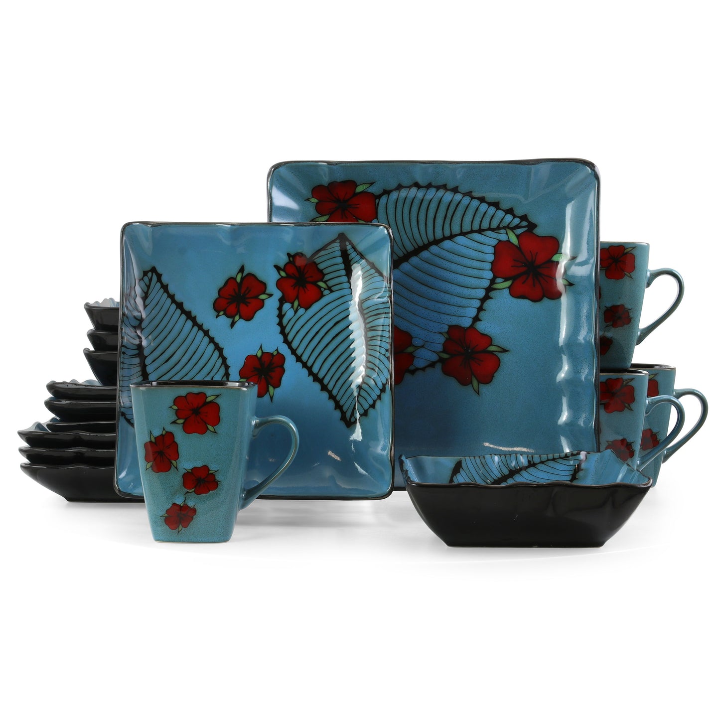Elama Aloha Tide 16 pc Luxurious Stoneware Dinnerware w Complete Setting for 4
