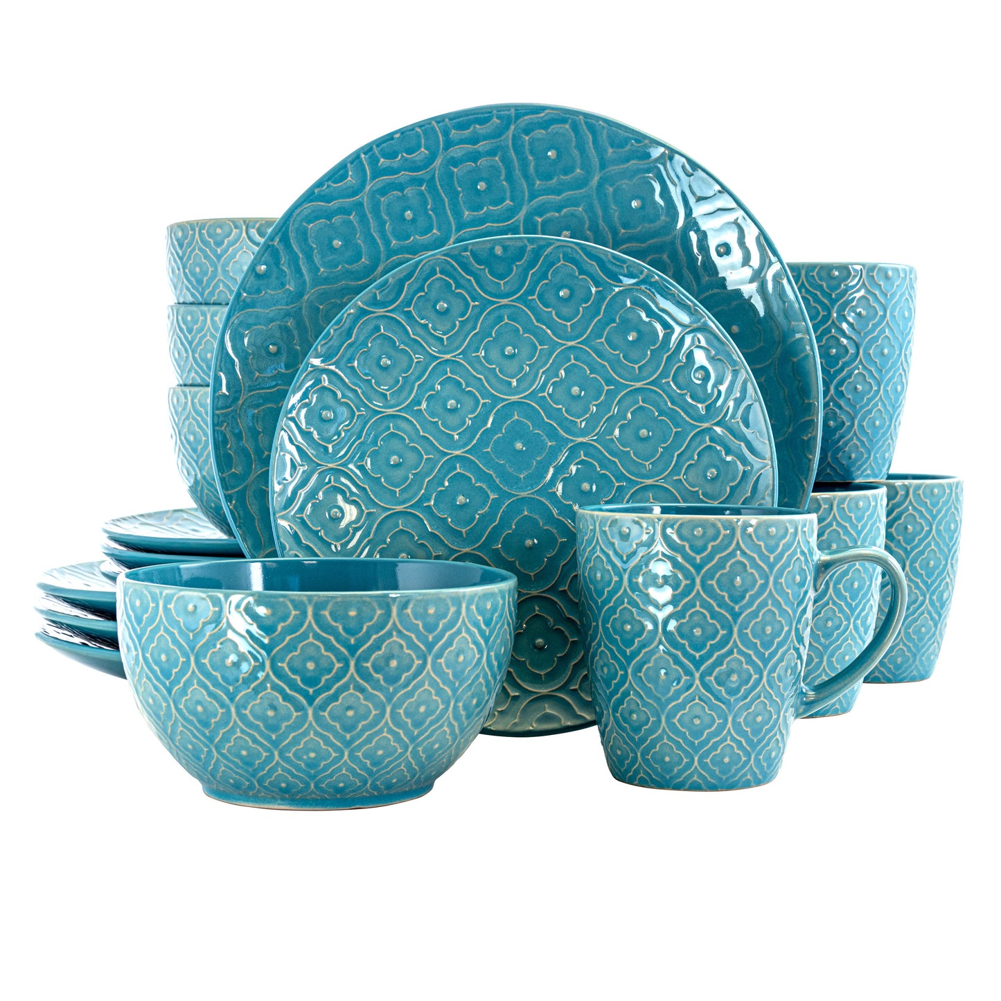 Elama Aqua Lily 16 Piece Luxurious Stoneware Dinnerware w Complete Setting for 4
