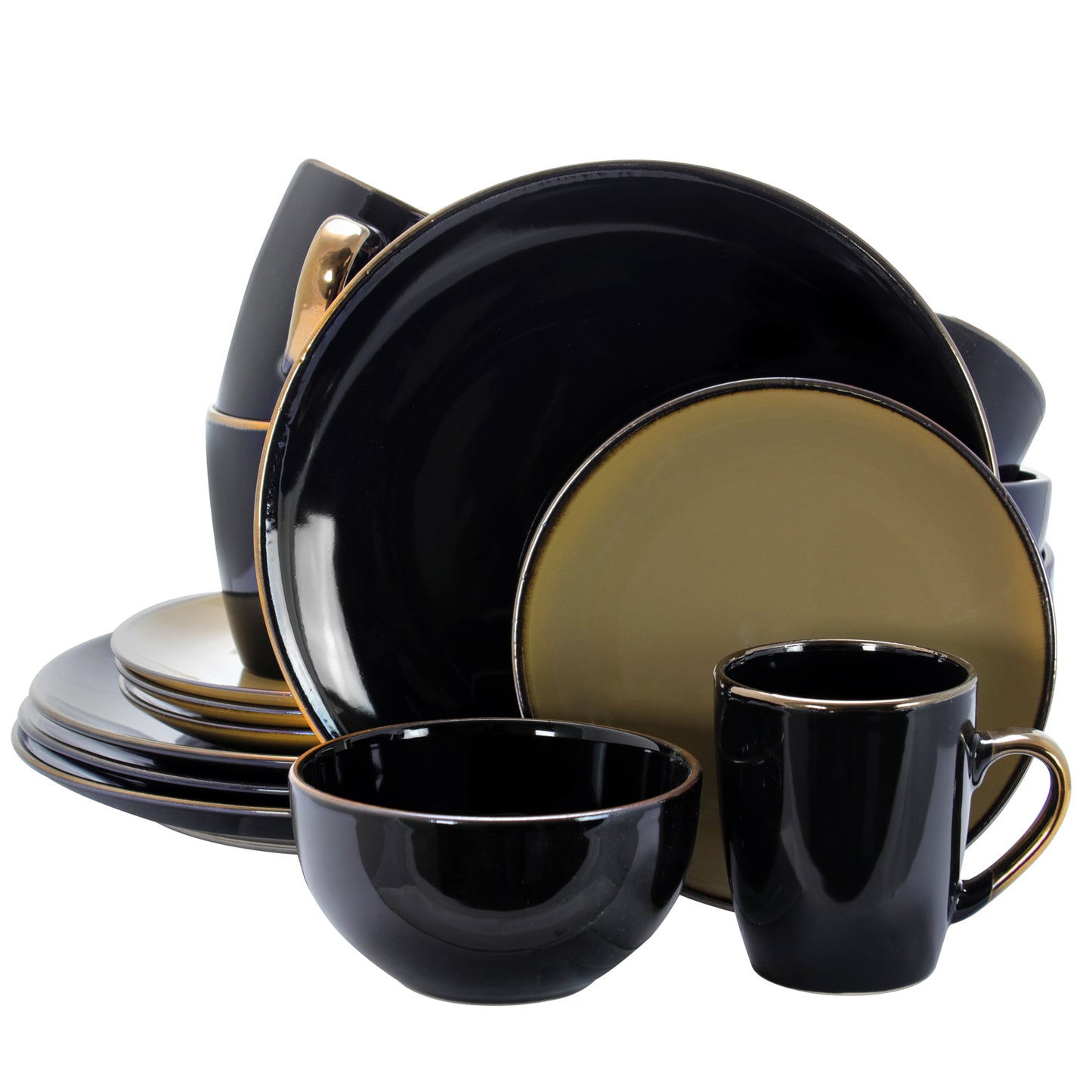Elama Cambridge Grand 16 Pc Black Taupe Round Stoneware Dinnerware Set