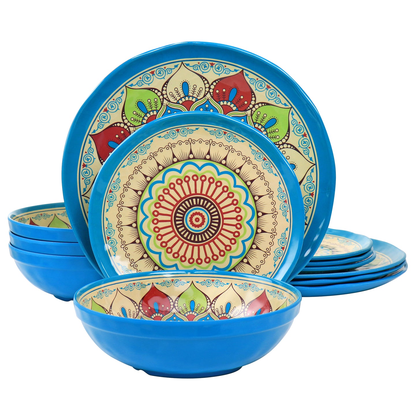 Elama Camilla 12 Piece Melamine Multicolor Mandala Design Dinnerware Dish Set