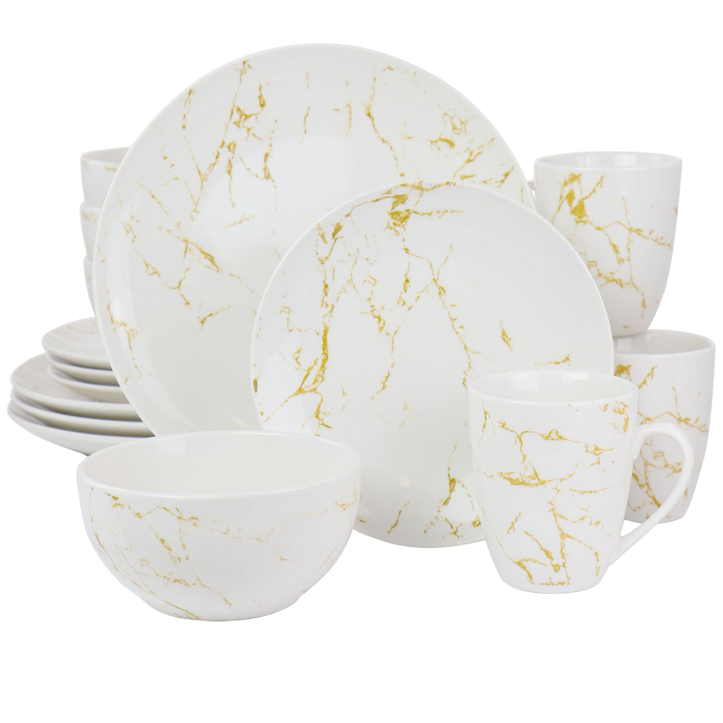 Elama Fine Marble 16 Piece Gold & White Glazed Stoneware Complete Dinnerware Set