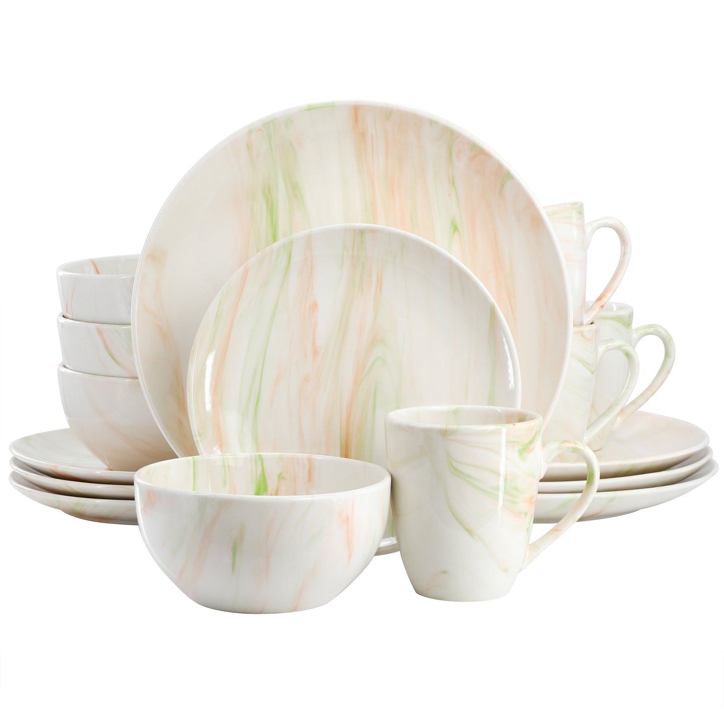 Elama Fine Marble 16 Piece Porcelain Dinnerware Set Orange & Green
