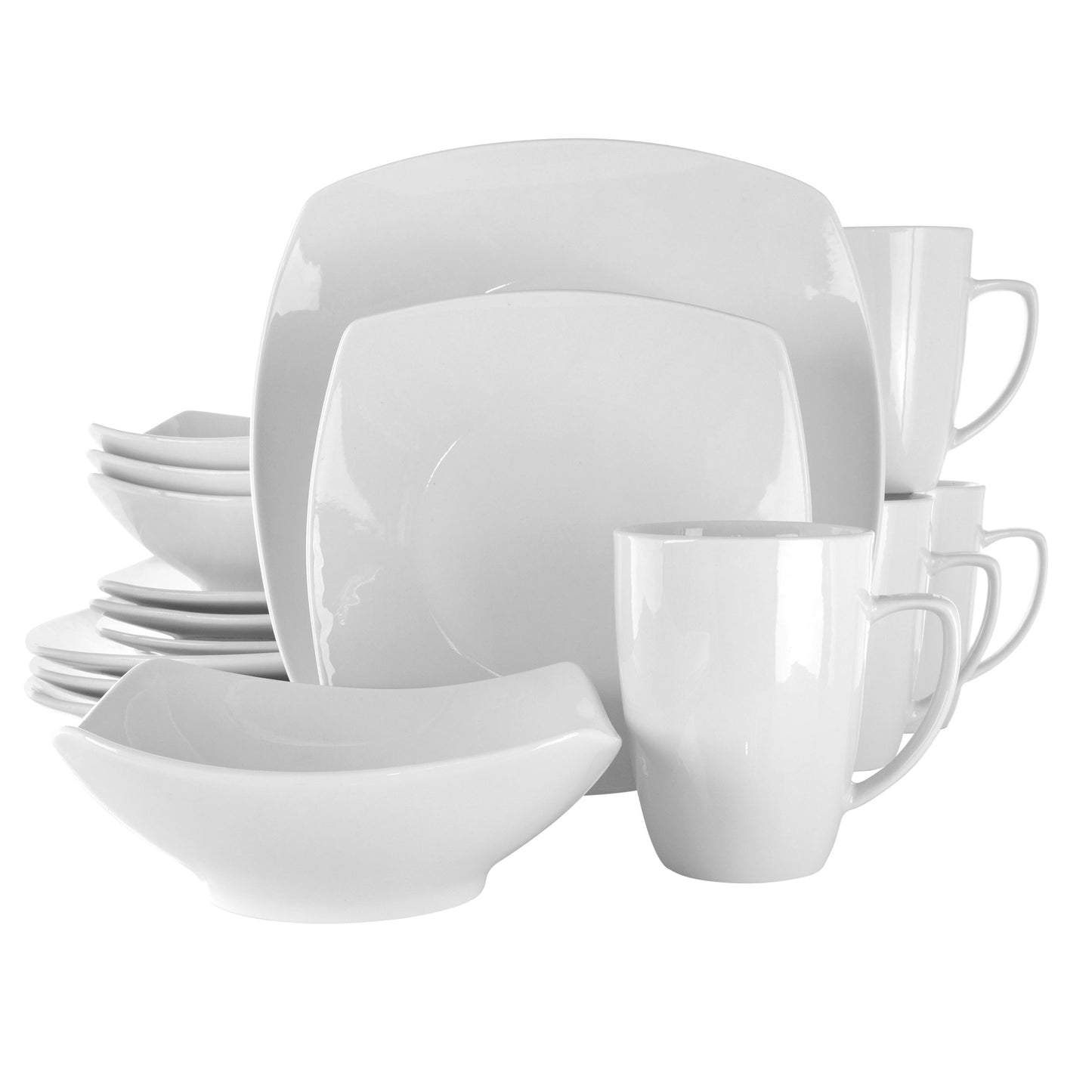 Elama Hayes 16 Piece Square Smooth Modern Porcelain Dinnerware Dish Set in White