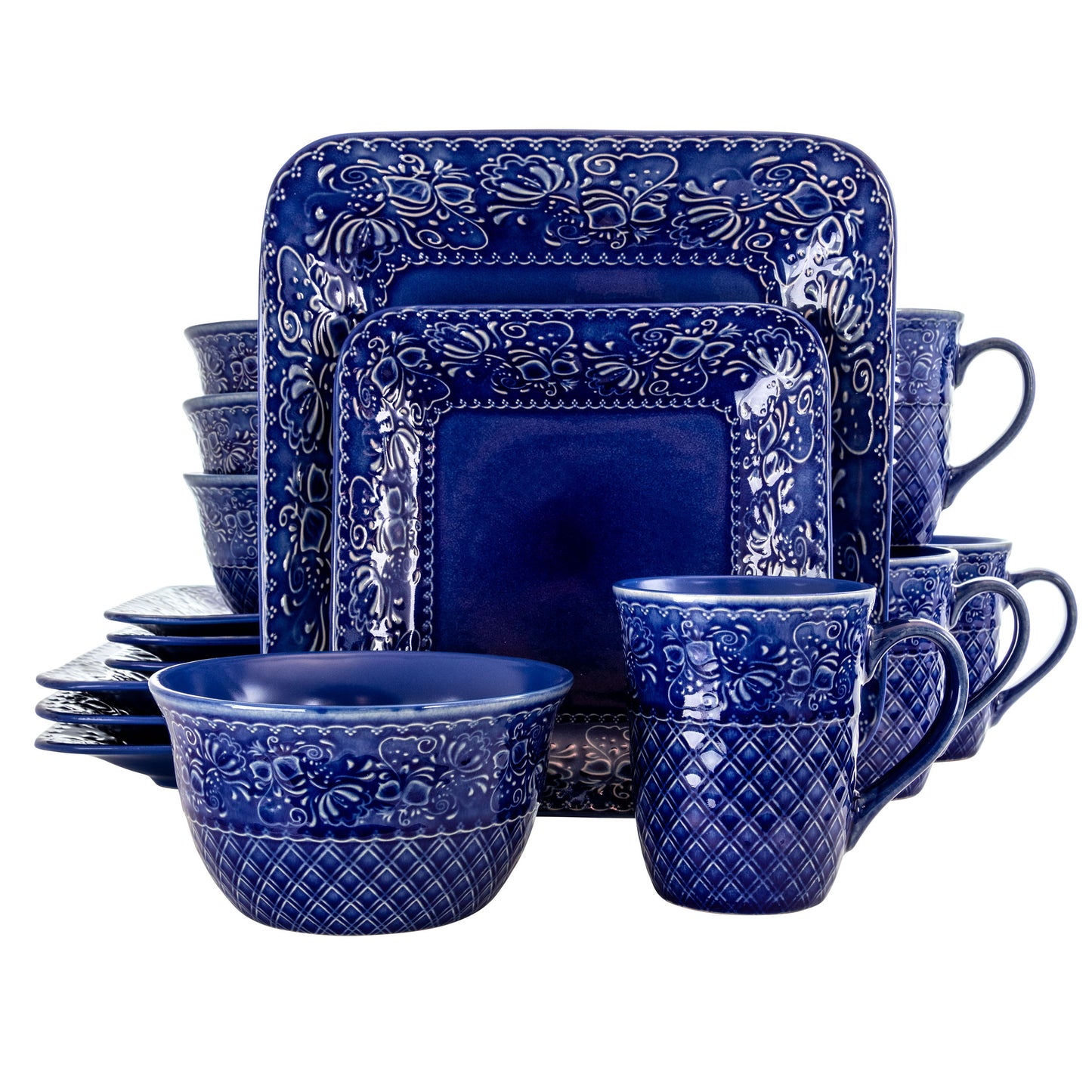 Elama Indigo Lotus Blue 16 Piece Square Stoneware Embossed Dinnerware Set