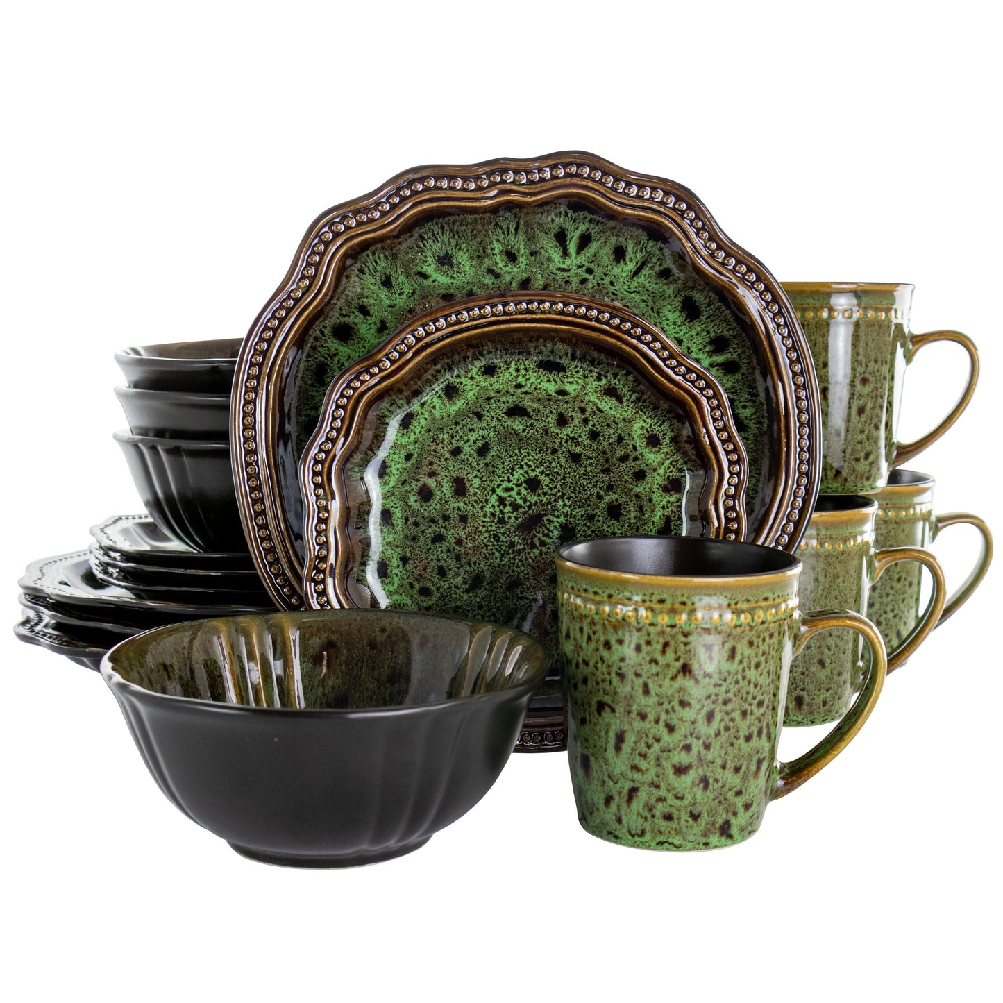 Elama Jade Waves 16 Piece Scalloped High Gloss Stoneware Dinnerware Set in Green