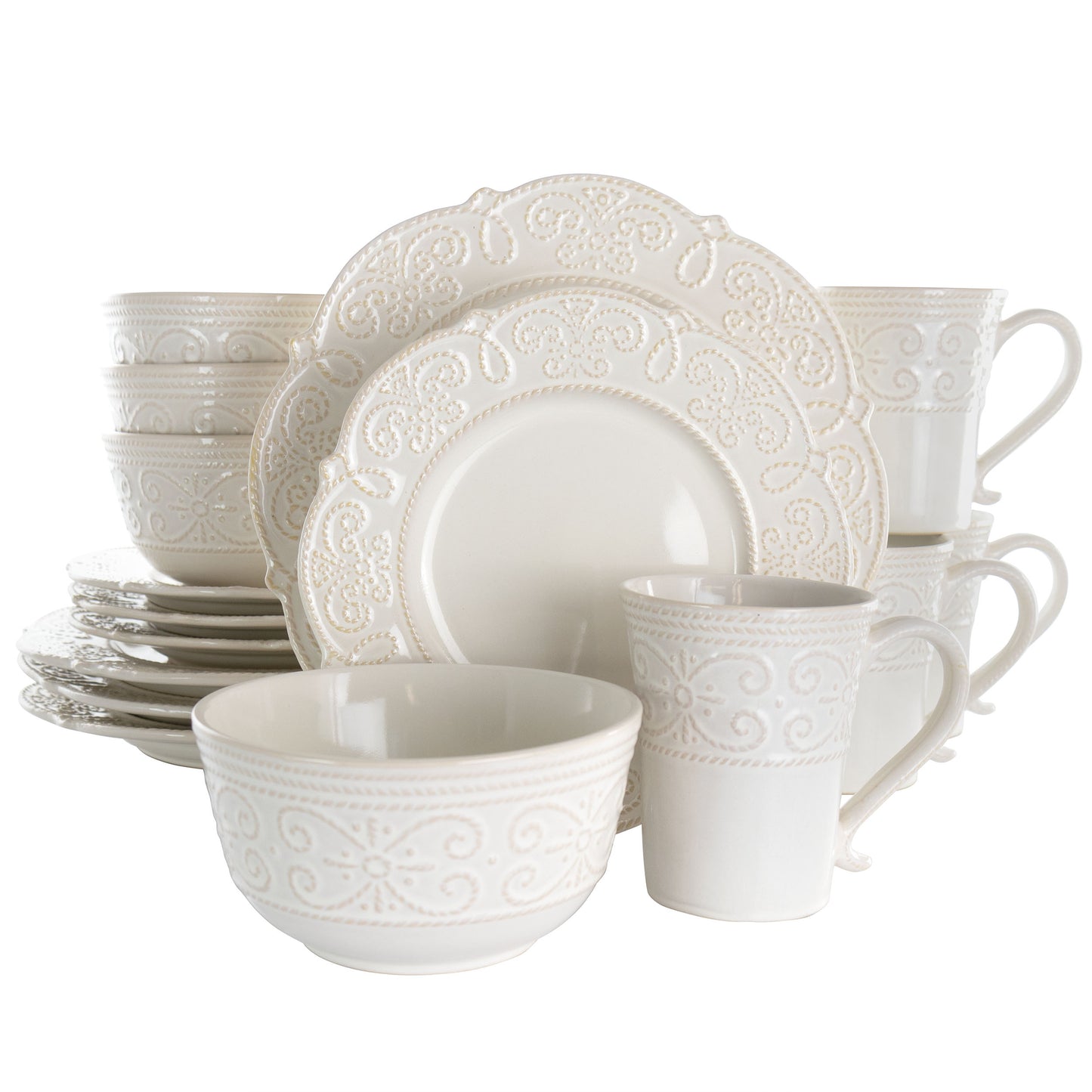 Elama Luna 16 Piece Embossed Scalloped Stoneware Dinnerware Dish Set in White