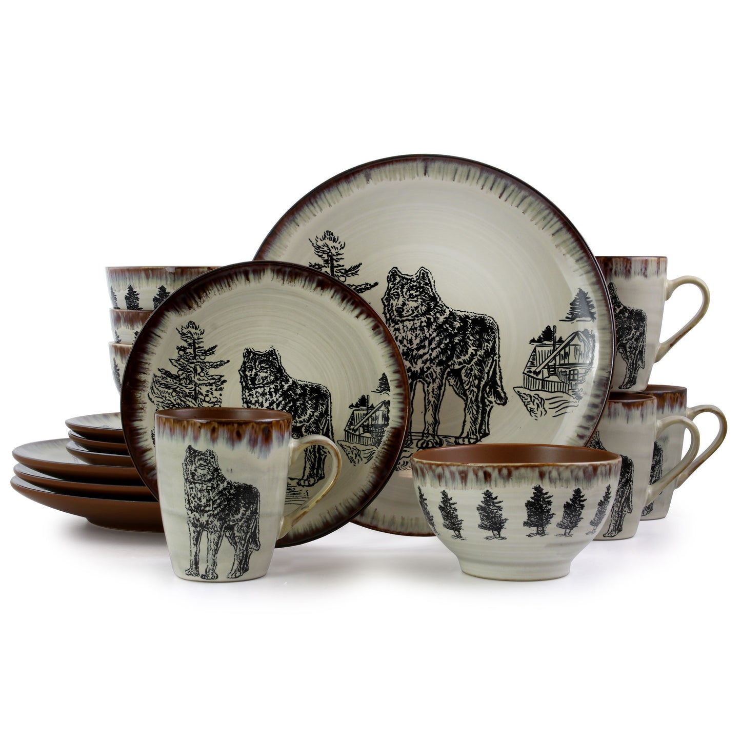 Elama Majestic Wolf 16 Piece Stoneware Dinnerware Complete Set for 4 in Taupe