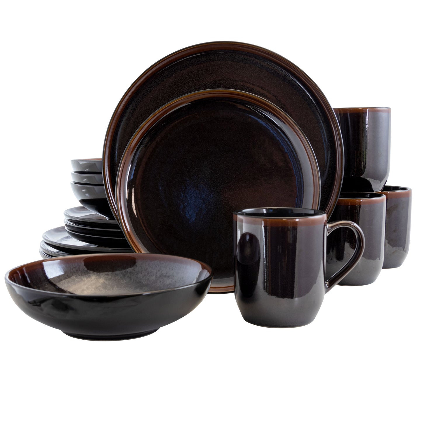 Elama Midnight Beach 16 pc Stoneware Dinnerware Set in Metallic Black