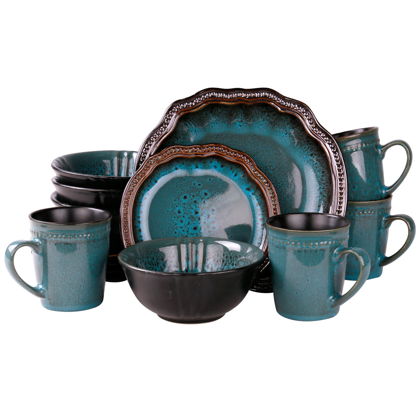 Elama Mystic Waves 16 pc Glazed Blue Scalloped Stoneware Dinnerware Set