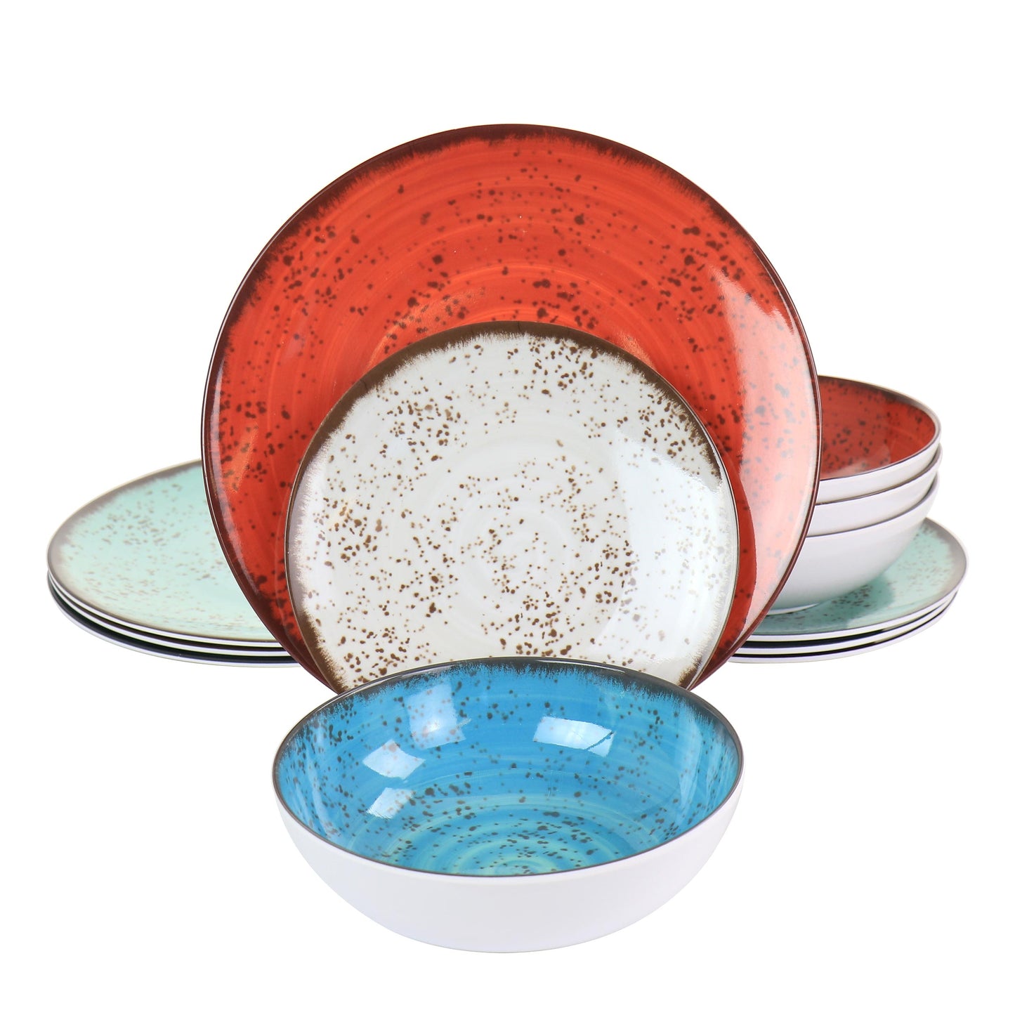 Elama Pryce 12 Piece Speckled Melamine Dinnerware Dish Set in Assorted Colors