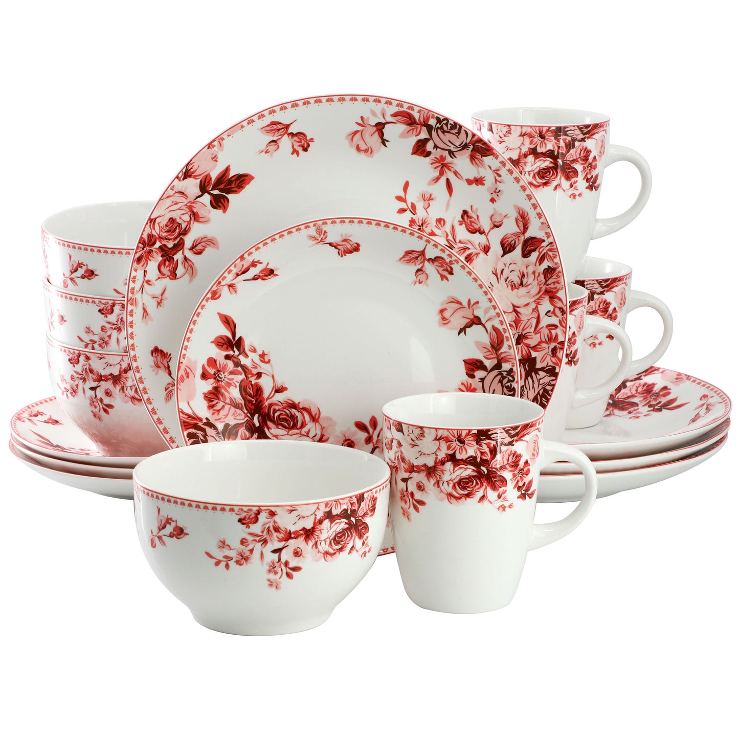 Elama Traditional Red Rose 16 Piece Stoneware Dinnerware Set