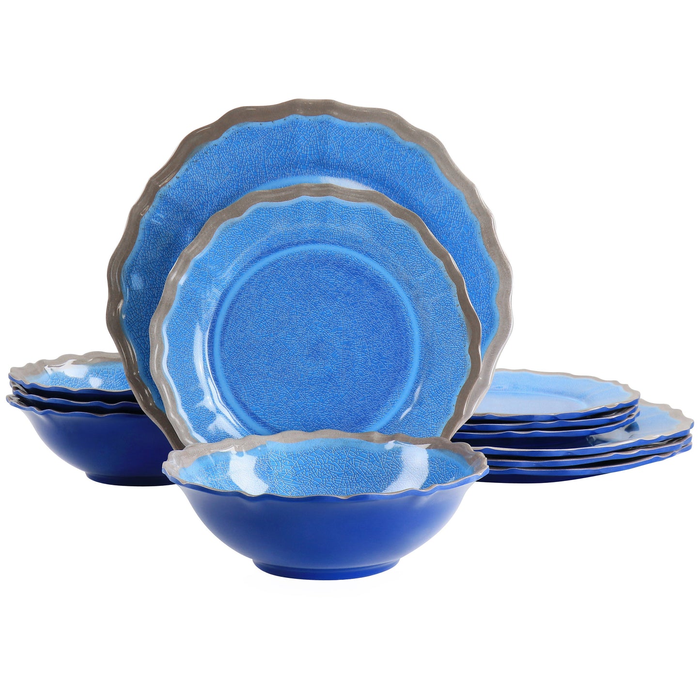 Elama Roma 12 Piece Scalloped Melamine Dinnerware Set Blue